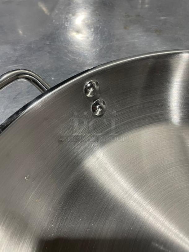 Adcraft 12" stainless steel frying pan, model FPSI-12, Titan Series, new condition, riveted handle detail.
