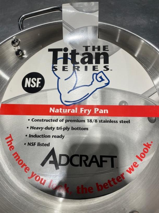 Adcraft Titan Series 12" Frying Pan, Model FPSI-12, new condition. Made of 18/8 stainless steel, heavy-duty tri-ply bottom, NSF listed.