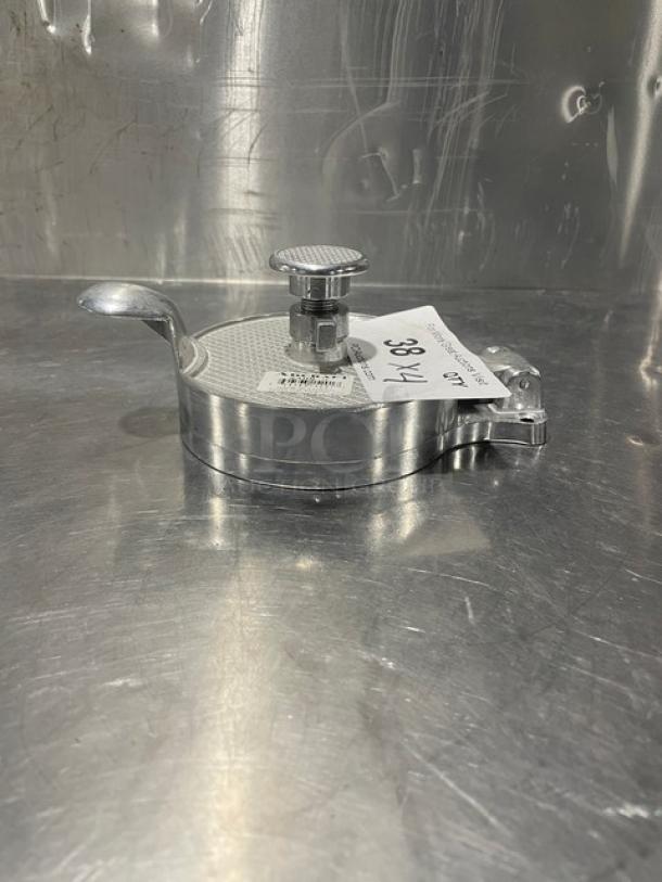 Adcraft Aluminum Hamburger Mold, Model AHM-5, new condition, features adjustable handle, auction bid tag visible.