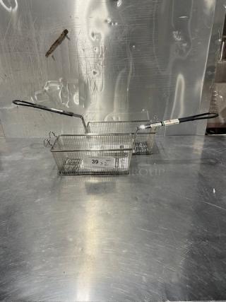 Adcraft frying baskets, model FBR-11571, new condition, stainless steel, with long handles, two pieces.