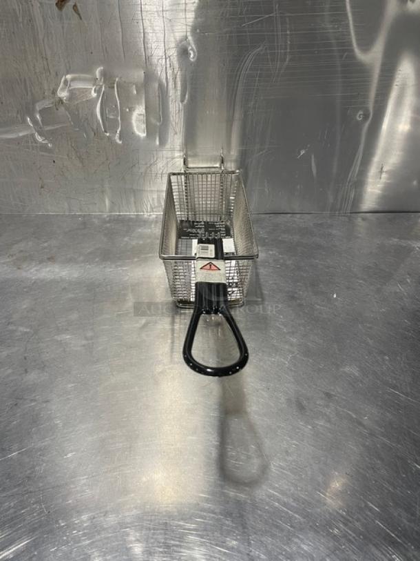 New Adcraft Frying Basket, Model FBR-11571. Stainless steel, black handle, pristine condition, safety label attached.