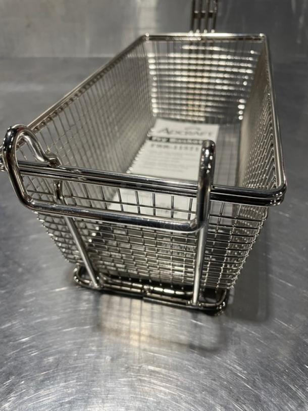 NEW Adcraft Frying Basket, Model FBR-11571, stainless steel, rectangular, pristine condition, brand label visible.