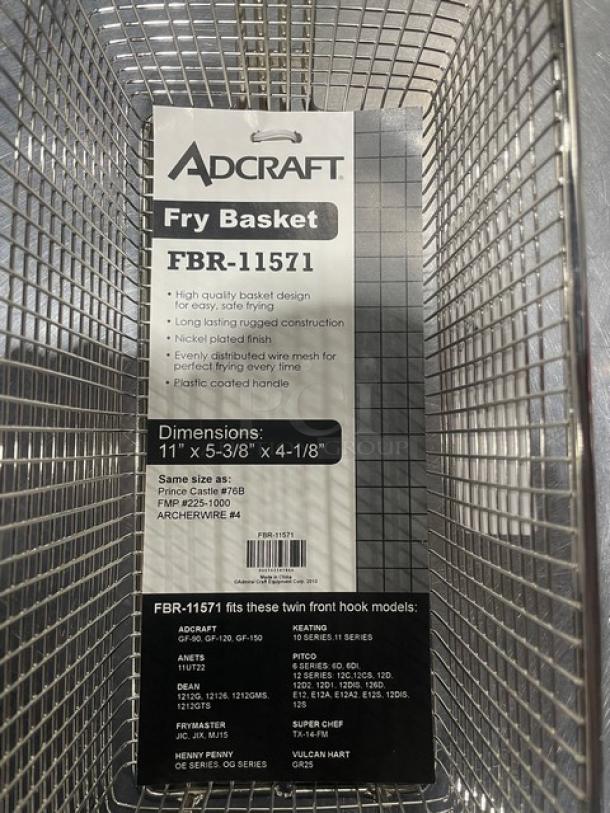 NEW Adcraft Frying Basket, Model FBR-11571. Features nickel-plated finish, 11"x5-3/8"x4-1/8" dimensions, tag specifies fits with select models.