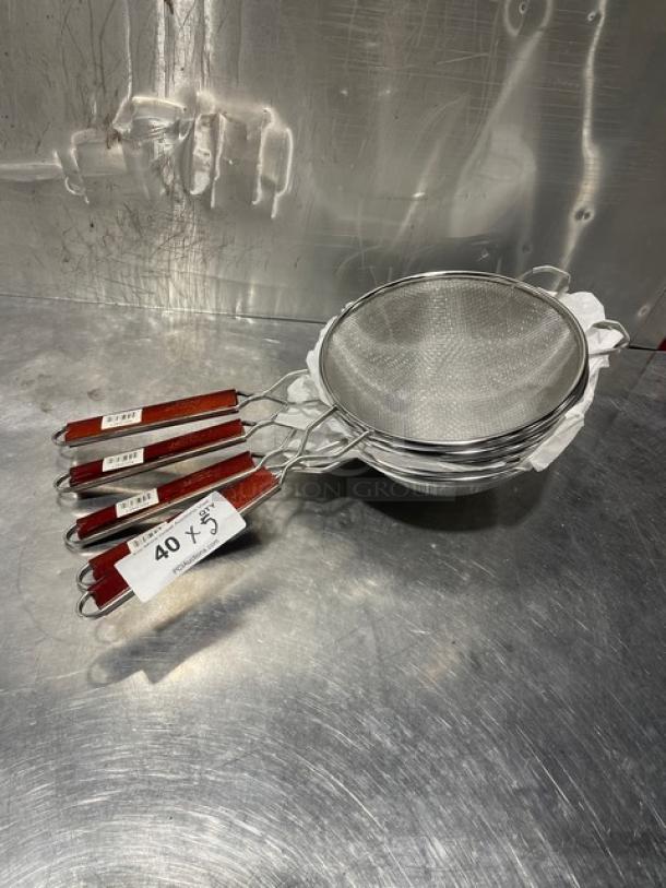 Adcraft DSM-10 Deluxe 10" Double Mesh Strainer with wood handles, new condition, bundle of five, labeled "40 x 5".