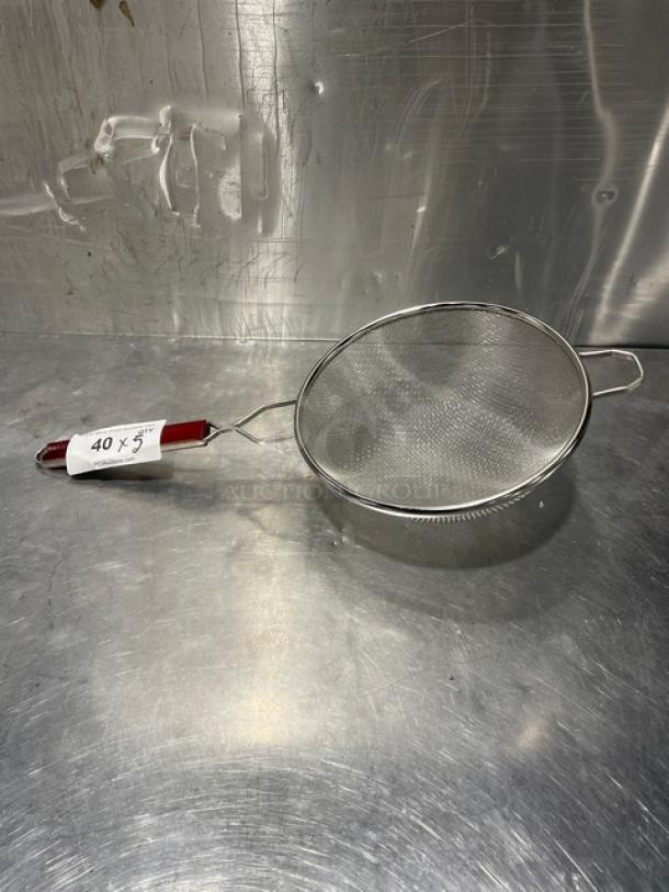 Adcraft DSM-10 double mesh strainer, 10-inch, new condition, metal handle, red grip, tag marked "40 X 5".