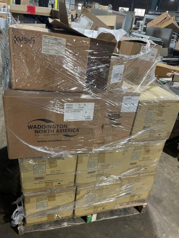 Mixed pallet of commercial food containers, includes Bottlebox lime green containers, Sabert sandwich lids, and Waddington cutlery kits.