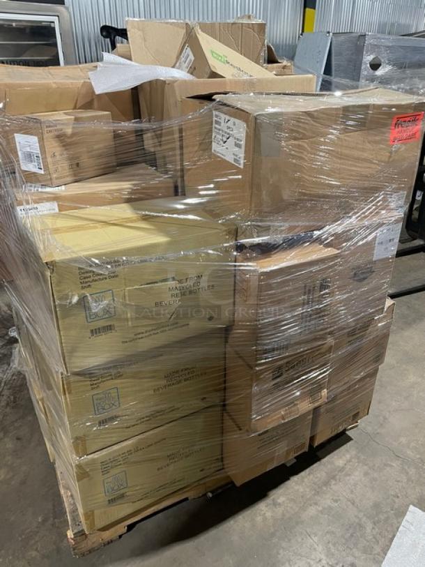 Mixed pallet of commercial food containers, new in packaging. Includes Bottlebox lime green containers, Sabert sandwich wedges, bowls, cutlery kits, Cambro containers, and more.