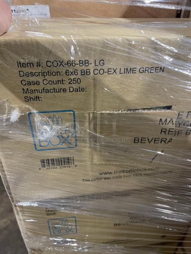 Brand new mixed pallet featuring Bottlebox 6"x6" lime green containers with clear lids, 250 per case, Model COX-66-BB-LG.