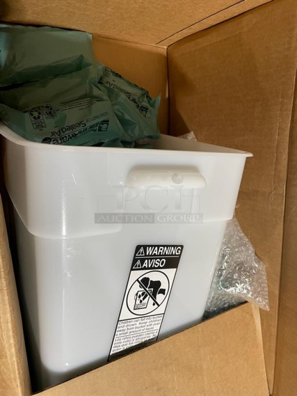 Brand new Cambro Camsquare white 22 Qt. food container in box with packaging, featuring a warning label on its side.