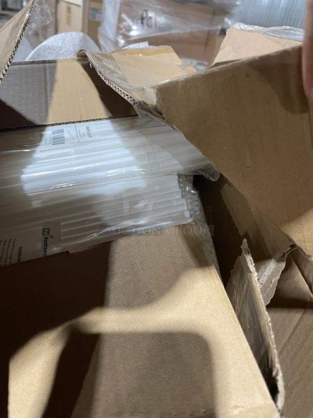 Mixed pallet auction item with Bottlebox Lime Green 6"x6" containers, Sabert lids, and more; boxes show labels and contents.