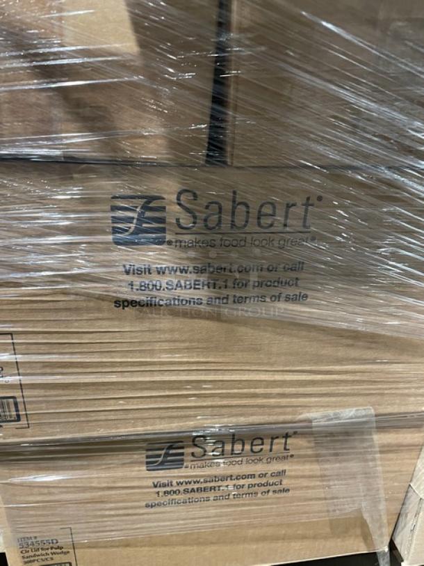 Brand new mixed pallet with Sabert markings, wrapped in plastic. Contains various commercial food containers and cutlery kits.