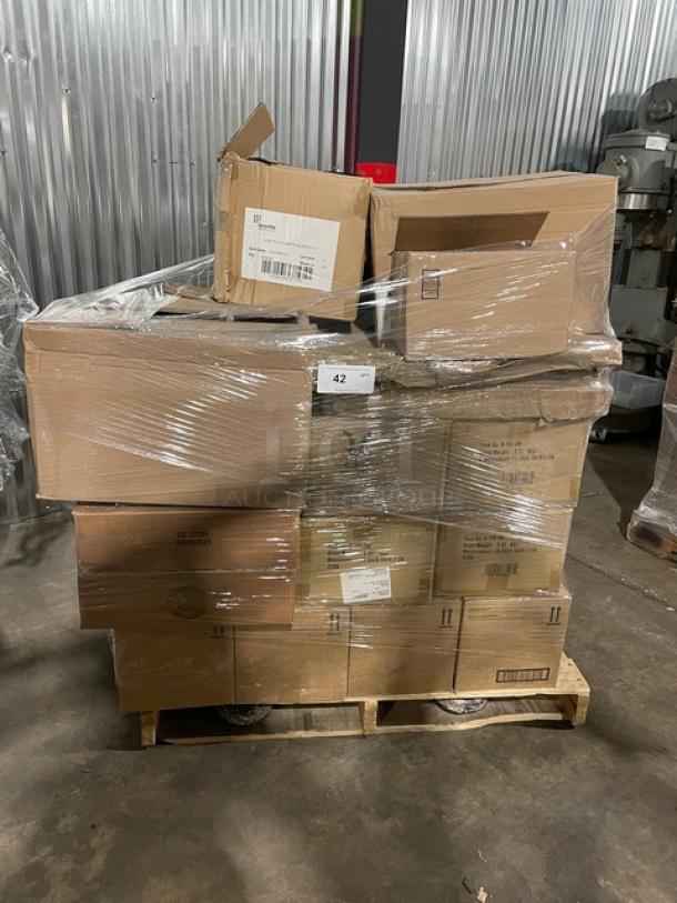 Mixed pallet of commercial kitchenware items including Steelite Robert Gordon 8.5” plates, G.E.T. bowls, and 3M laminate cartridge.