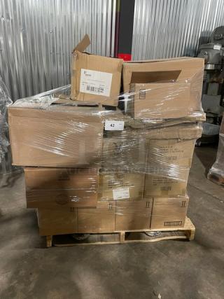Mixed pallet of commercial kitchenware items including Steelite Robert Gordon 8.5” plates, G.E.T. bowls, and 3M laminate cartridge.