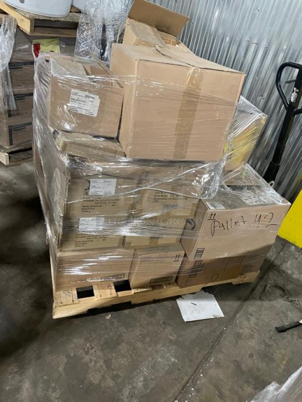 Pallet of new mixed commercial dinnerware, including Steelite and G.E.T. collections, in sealed boxes, wrapped in plastic.