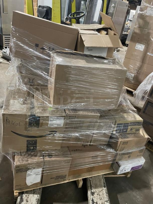 Mixed pallet of new commercial kitchenware including Steelite and G.E.T. collections, wrapped in plastic. Boxes stacked on a wooden pallet.