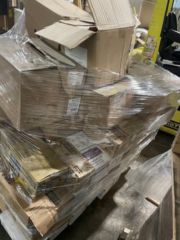 Mixed pallet of Steelite, G.E.T., 3M products. Includes plates, bowls, laminate cartridge. Boxes shrink-wrapped and labeled.