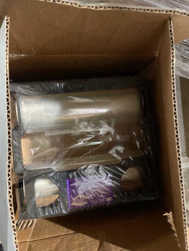 Mixed pallet of commercial kitchen items in box, featuring Steelite Robert Gordon porcelain plates, G.E.T. Osslo bowl, 3M laminate cartridge, and display plates. Items in original packaging.