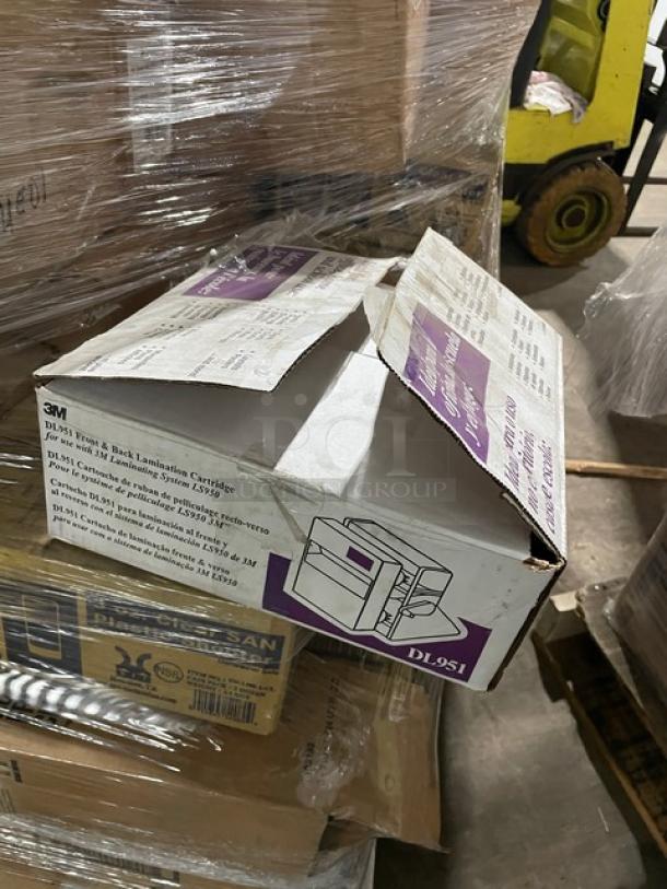 Mixed pallet with 3M DL951 dual laminate cartridge box. Includes Steelite, G.E.T. plates and bowls, various commercial dishes.