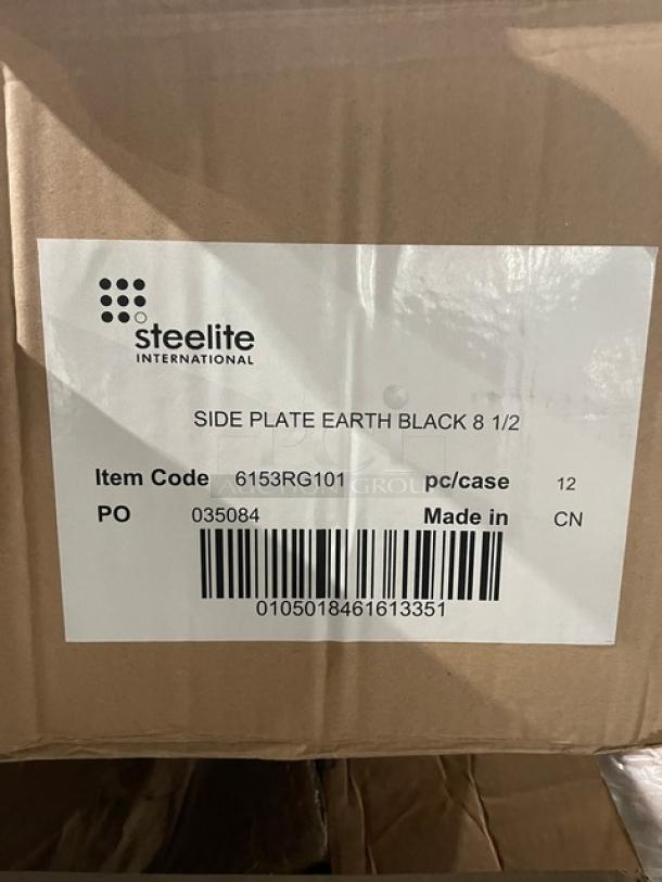 Box label of Steelite International Robert Gordon Collection, Earth Black 8.5" Side Plate, 12 per case, model 6153RG101.