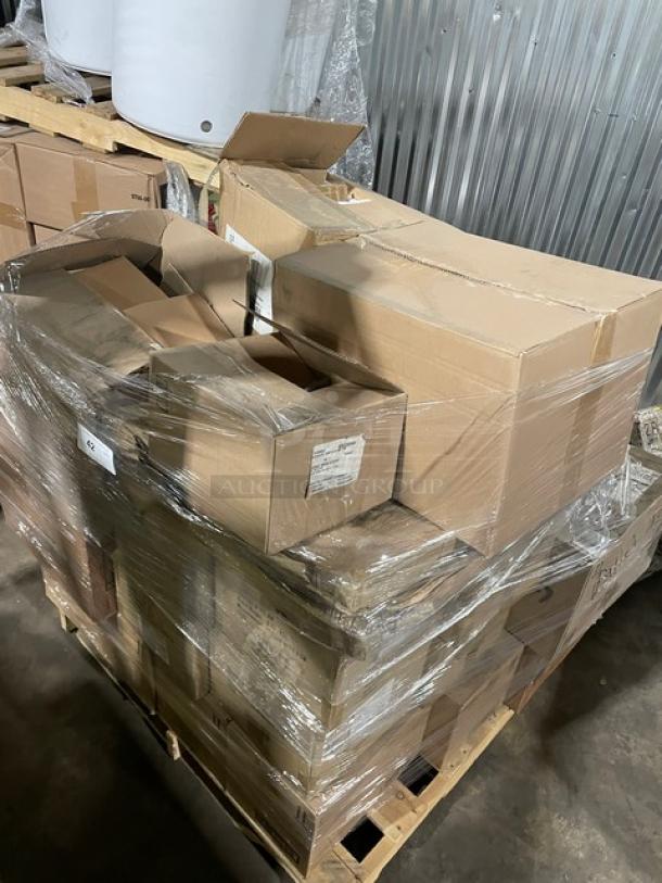 Mixed pallet of new commercial items, including Steelite International porcelain plates, G.E.T. bowls, and other supplies, wrapped on a wooden pallet, ready for auction.