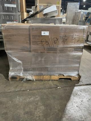 Brand new pallet of Pactiv 59 ml/2 oz clear plastic portion cups, Model YSPP200A, 2,400 per case, leak-resistant, wrapped in plastic.