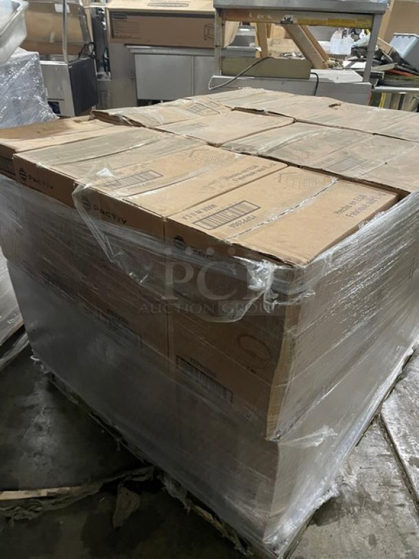 Pallet of Pactiv translucent 59 ml plastic portion cups, model YSPP200A. Each case contains 2,400 cups. Brand new condition.