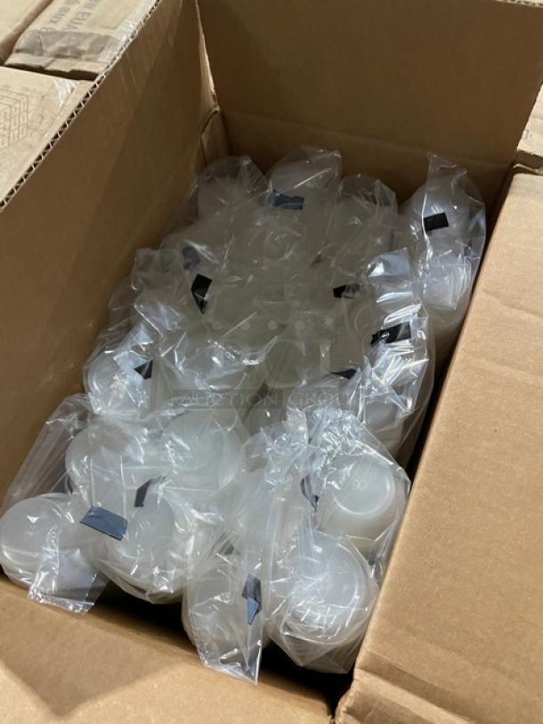 Full pallet of Pactiv clear translucent 59 ml/2 oz round plastic portion cups, model YSPP200A, in original packaging. 2,400 per case.