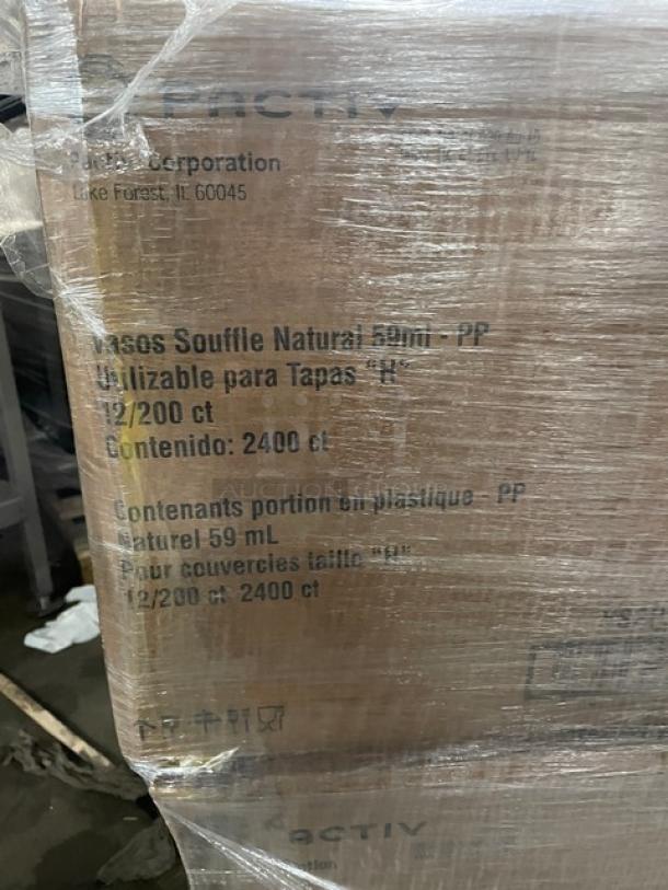 Pallet of Pactiv clear translucent 59ml portion cups, model YSPP200A. Contains 2,400 per case. Brand new, sealed packaging.