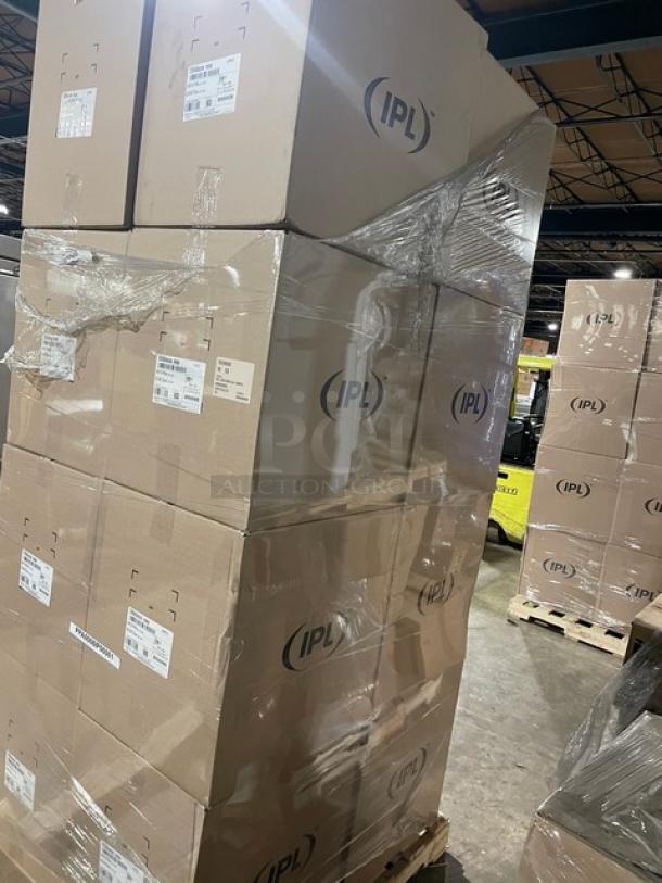 New pallet of IPL commercial clear 8 oz. square tamper-evident deli containers, model 2259500265, 900 per case, shrink-wrapped.