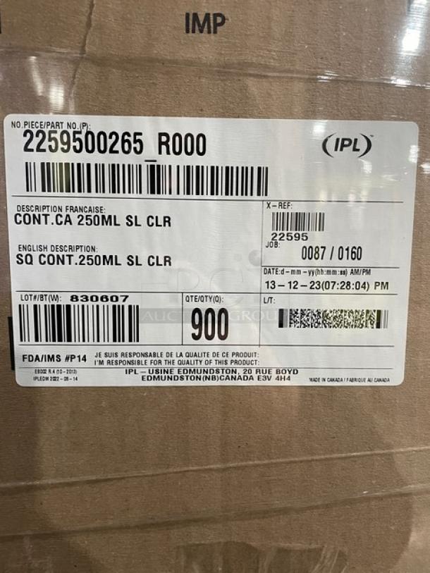 Brand new IPL 8 oz. square tamper-evident deli containers on full pallet. Model 2259500265. 900 units per case.