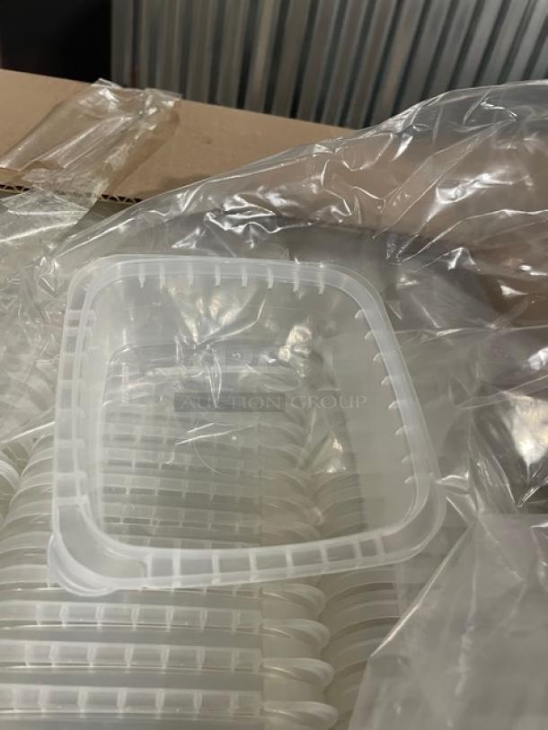 Brand new IPL 8 oz. clear square tamper-evident deli containers, model 2259500265, 900 per case, on full pallet.