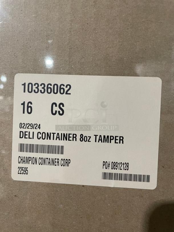 Brand new IPL Model 2259500265, 8 oz clear tamper-evident deli containers, 900 per case, full pallet of 16 cases.