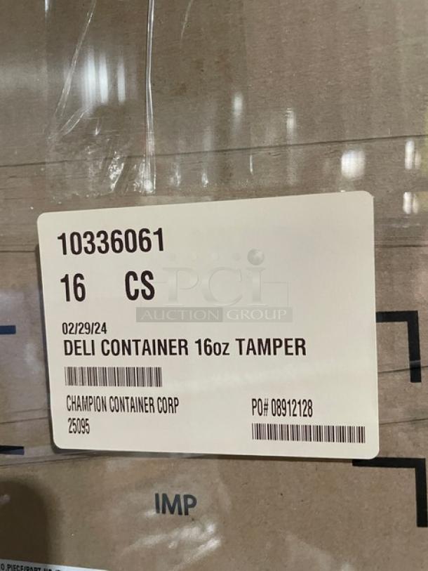 BRAND NEW IPL 16 oz. tamper-evident deli containers on full pallet, Model 2509500265, 700 per case, 16 cases total.
