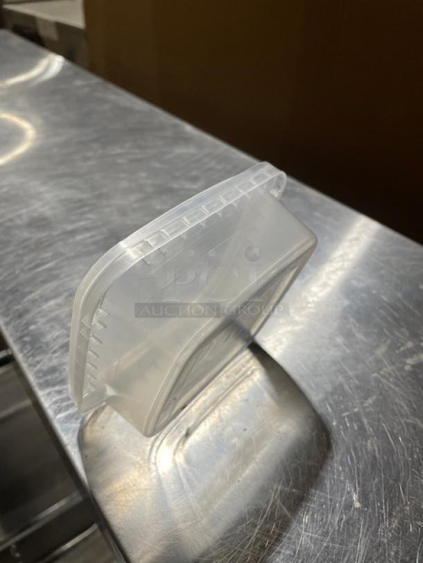 IPL 16 oz. square tamper-evident deli container, model 2509500265. Clear plastic, shown on a metal surface.