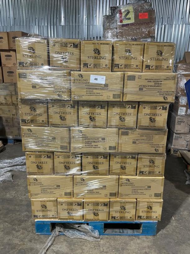 Full pallet of Sterling compostable forks, model MM-GP3FK651M, 6.5", 1,000 forks per case, brand new condition.