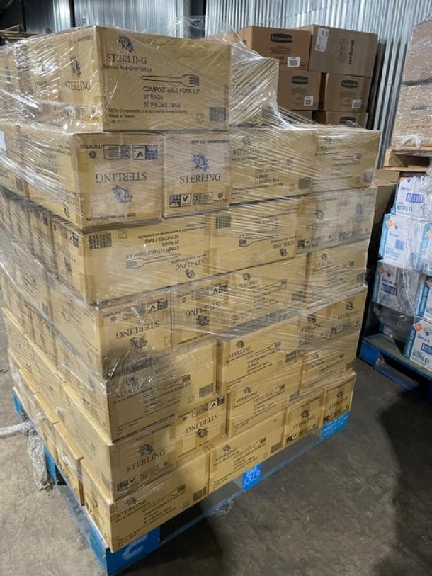 Full pallet of Sterling MM-GP3FK651M compostable forks, 1,000 per case, brand new, stacked on pallet in warehouse.