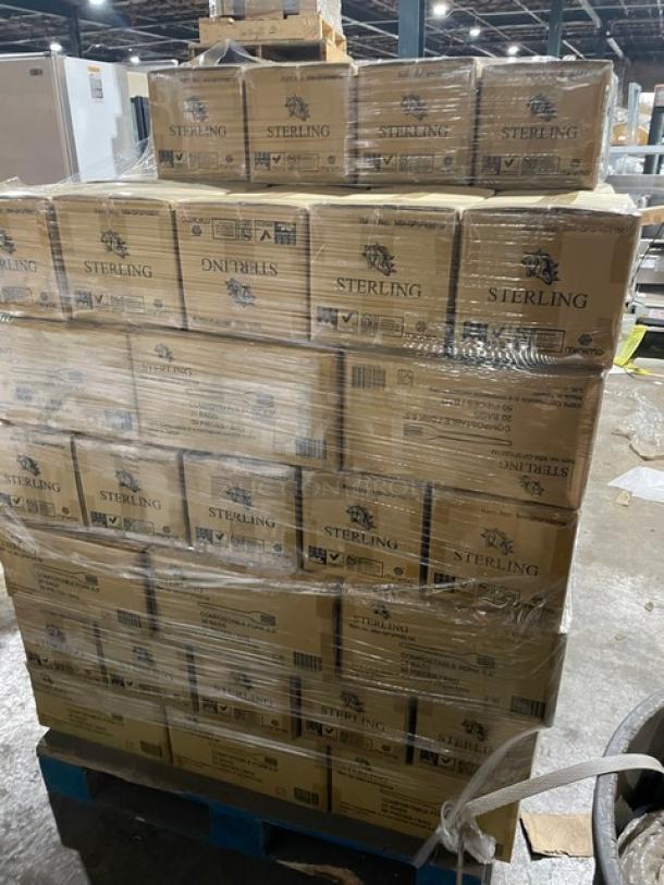 Brand new pallet of Sterling compostable forks, Model MMGP3FK651M, 1,000 per case, in sealed boxes.