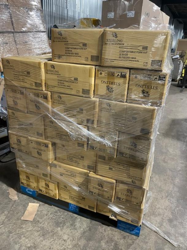 BRAND NEW pallet of Sterling compostable forks, model MM-GP3FK651M, 6.5", 1,000 per case, 105 cases wrapped.