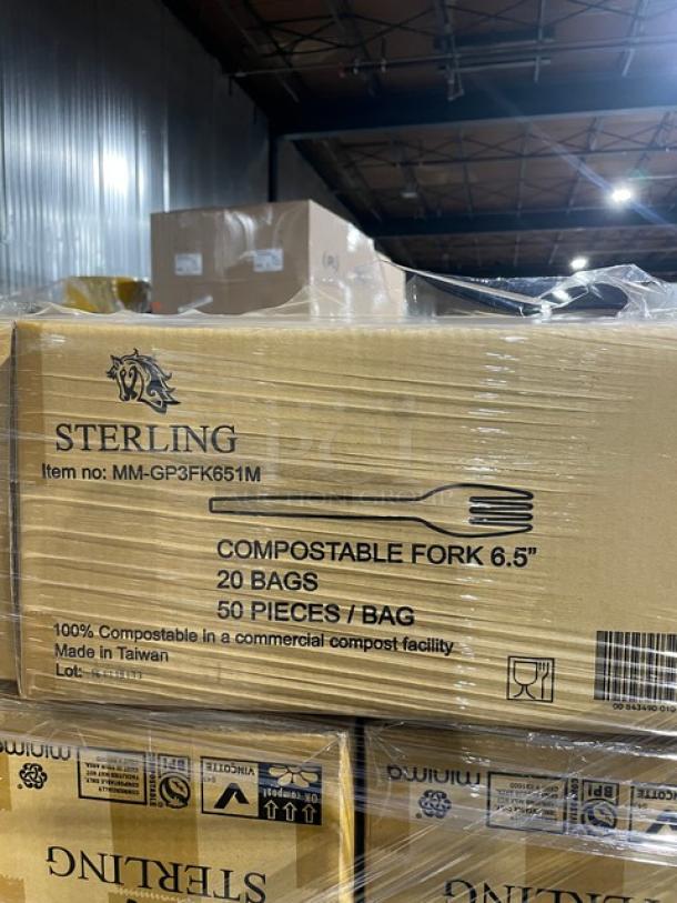 Sterling compostable forks, model MM-GP3FK651M, new full pallet, 6.5", 1,000 per case, made in Taiwan, 105X your bid.