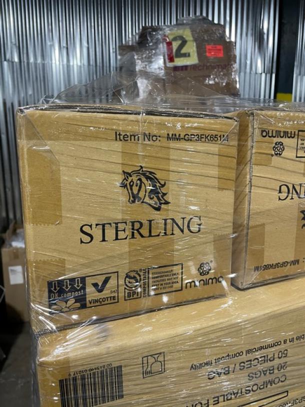 Full pallet of 6.5” Sterling compostable forks, model MM-GP3FK651M, brand new in original packaging, 1,000 forks per case.