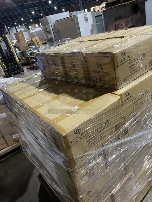 Full pallet of Sterling compostable forks, model MMGP3FK651M. Brand new, 6.5” white forks, 1,000 per case, wrapped in plastic.