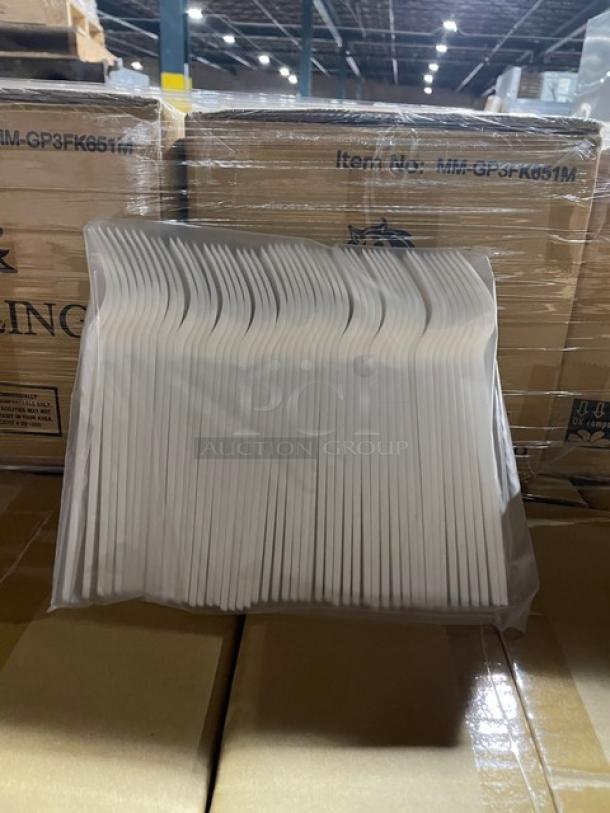 Brand new Sterling compostable forks, model MM-GP3FK651M, on a full pallet. Each case contains 1,000 forks.