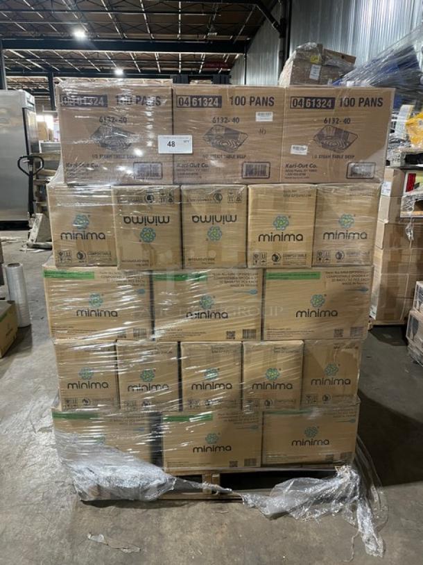 Mixed pallet of Minima 6.5" compostable spoons, Kari-Out aluminum pans, and Verterra wooden trays. Brand new in original packaging.