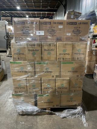 Mixed pallet of Minima 6.5" compostable spoons, Kari-Out aluminum pans, and Verterra wooden trays. Brand new in original packaging.