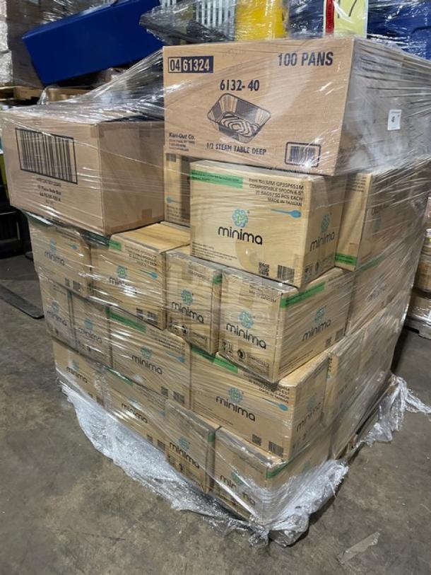 Mixed pallet with Minima 6.5” compostable spoons, Kari-Out aluminum pans, and Verterra wooden trays. Brand new, sealed cases.