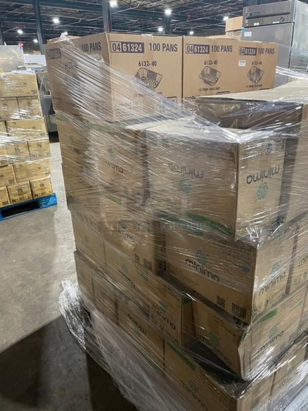 Mixed pallet with Minima compostable spoons, Kari-Out aluminum pans, and Verterra trays, all in original packaging.