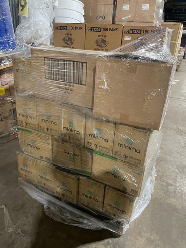 Mixed pallet with Minima 6.5” compostable spoons, 1,000/case; Kari-Out aluminum pans, 100/case; Verterra trays, 50/case.