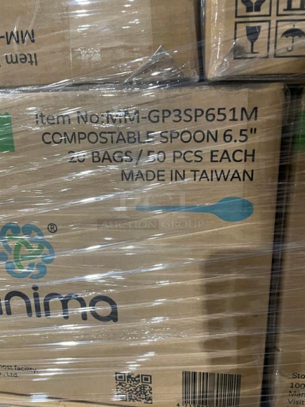 Mixed pallet of Minima 6.5” compostable spoons, model MM-GP3SP651M. Box labeled 20 bags, 50 pieces each. Made in Taiwan.
