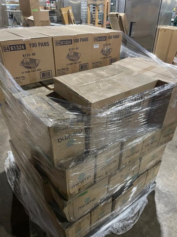 Mixed pallet of new Minima 6.5” compostable spoons, Kari-Out aluminum pans, and Verterra wooden trays, wrapped and intact.