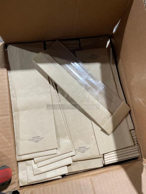 Brand new Bagcraft model 300050 DublView deli bags, 500 per case, natural kraft paper, clear display window, commercial use.
